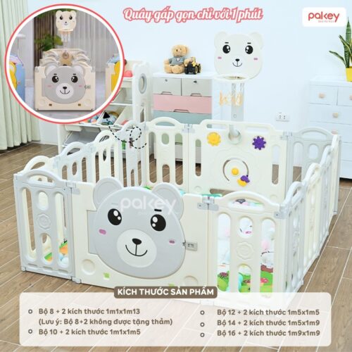 Quây cũi nhựa gấp gọn Pakey gấu NC01 màu ghi-trắng