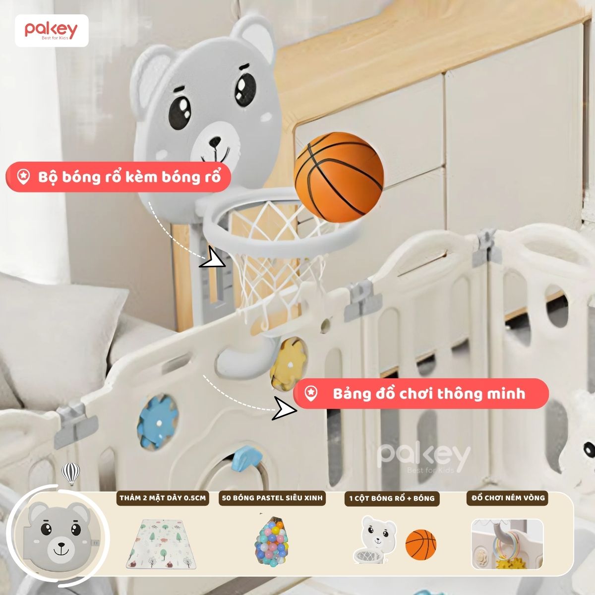 Quây cũi nhựa gấp gọn Pakey gấu NC01 màu ghi-trắng 25 Quây cũi nhựa gấp gọn Pakey gấu NC01 màu ghi-trắng